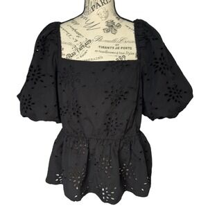 Saks‎ Fifth Avenue Eyelet Top XL Black Peplum Puff Sleeve Romantic Renaissance